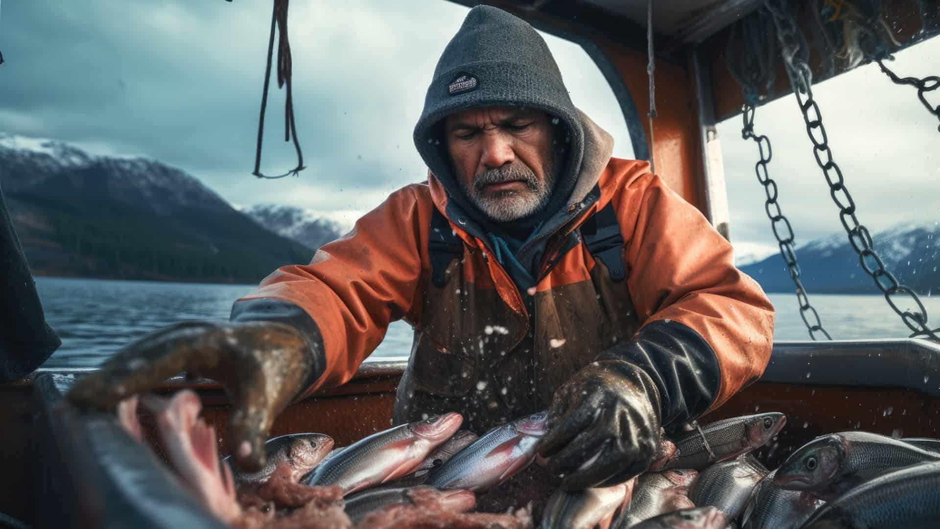Alaska fisherman working on a boat catching fish.